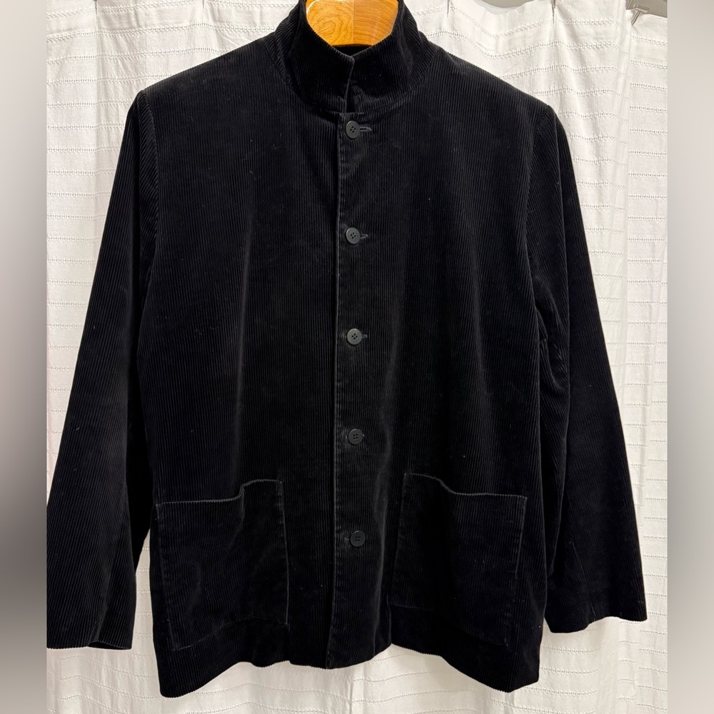 Eileen Fisher Black Corduroy Mandarin Collar Jacket, Sz large